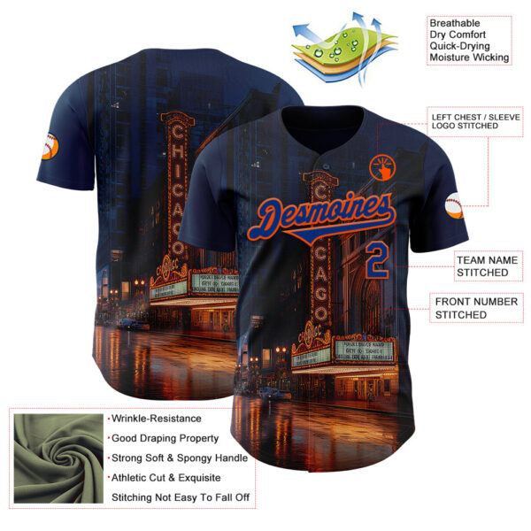 Custom Blue Royal-Orange Chicago Illinois The Theatre Landmark City Symbol Authentic Baseball Jersey