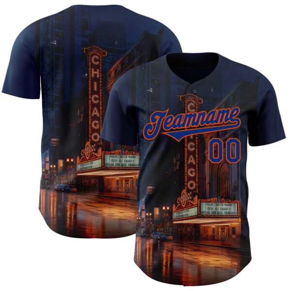 Custom Blue Royal-Orange Chicago Illinois The Theatre Landmark City Symbol Authentic Baseball Jersey