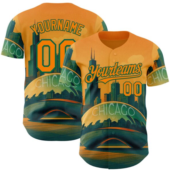 Custom Yellow Bay Orange-Kelly Green Chicago Illinois Millennium Park Cloud Gate The Bean Landmark City Symbol Authentic Baseball Jersey