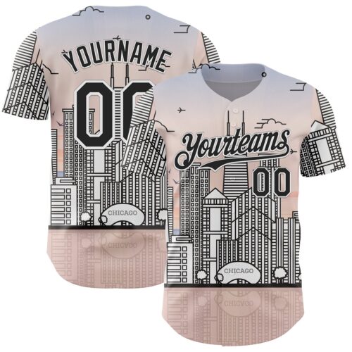 Custom Pink Black-White Chicago Illinois Cityscape Landmark City Symbol Authentic Baseball Jersey