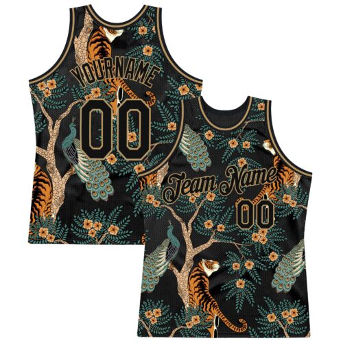 3DPattern1217_c4855ced-9254-47a9-a452-09e24dbcac68 Custom Black Black-Old Gold 3D Pattern Design Tiger And Peacock Authentic Basketball Jersey