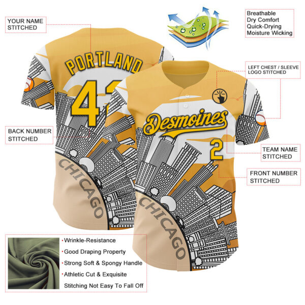Custom Yellow Black-White Chicago Illinois Cityscape Landmark City Symbol Authentic Baseball Jersey