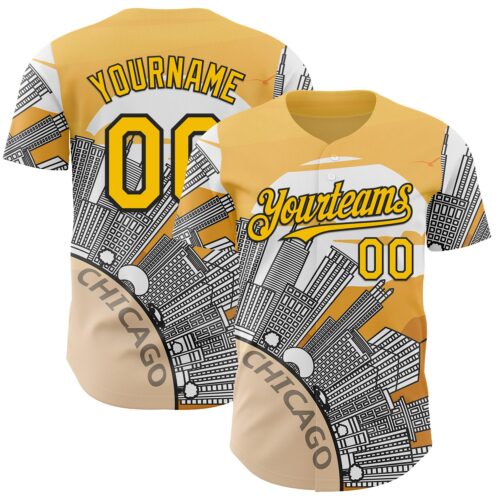 Custom Yellow Black-White Chicago Illinois Cityscape Landmark City Symbol Authentic Baseball Jersey