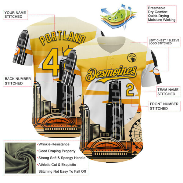 Custom Yellow Black-White Chicago Illinois Cityscape Landmark City Symbol Authentic Baseball Jersey