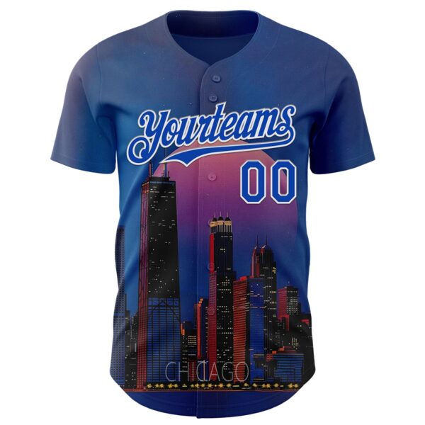 Custom Blue Thunder Blue-White Chicago Illinois Nightscape Landmark City Symbol Authentic Baseball Jersey