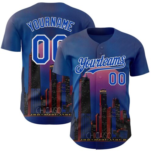 3DPattern12182 Custom Blue Thunder Blue-White Chicago Illinois Nightscape Landmark City Symbol Authentic Baseball Jersey