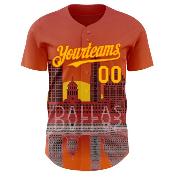 Custom Orange Yellow Dallas Texas Sunset Cityscape Landmark City Symbol Authentic Baseball Jersey