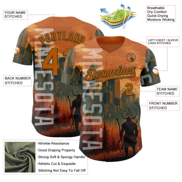 Custom Texas Orange Olive Minnesota Sunset Cityscape Vikings City Symbol Authentic Baseball Jersey