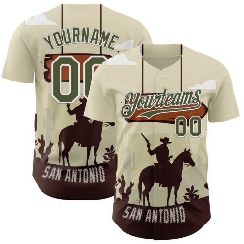 3DPattern12194 Custom Cream Olive-White San Antonio Texas Western Cowboy City Symbol Authentic Baseball Jersey