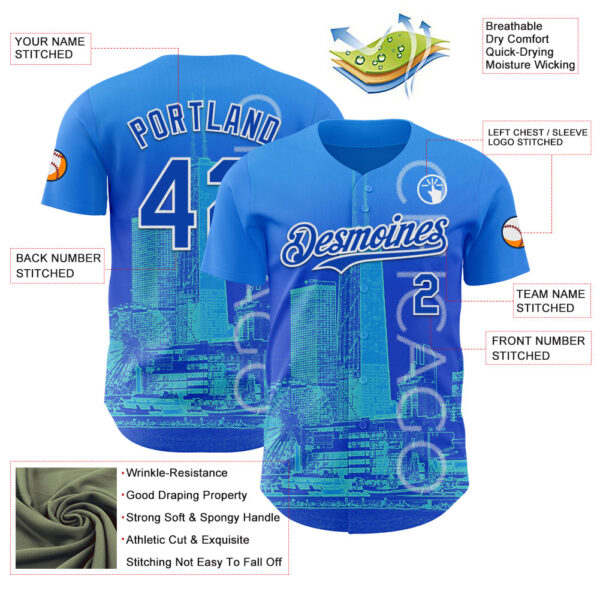 Custom Blue Thunder Blue-White Chicago Illinois Cityscape Skyline City Symbol Authentic Baseball Jersey