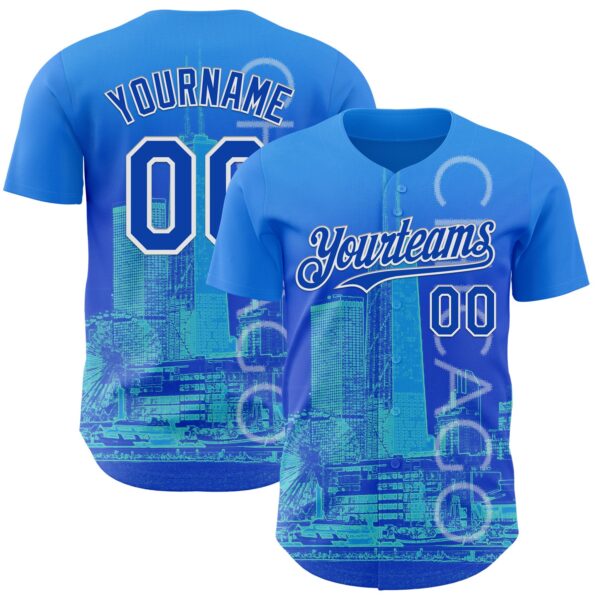 Custom Blue Thunder Blue-White Chicago Illinois Cityscape Skyline City Symbol Authentic Baseball Jersey