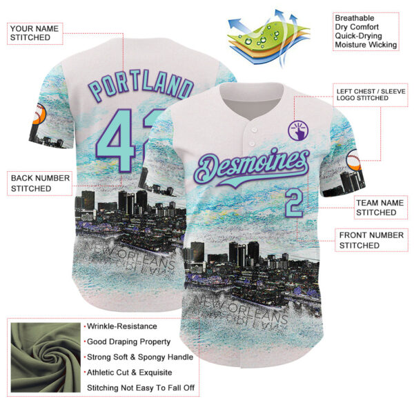 Custom White Ice Blue Black-Purple New Orleans Louisiana Cityscape Skyline City Symbol Authentic Baseball Jersey