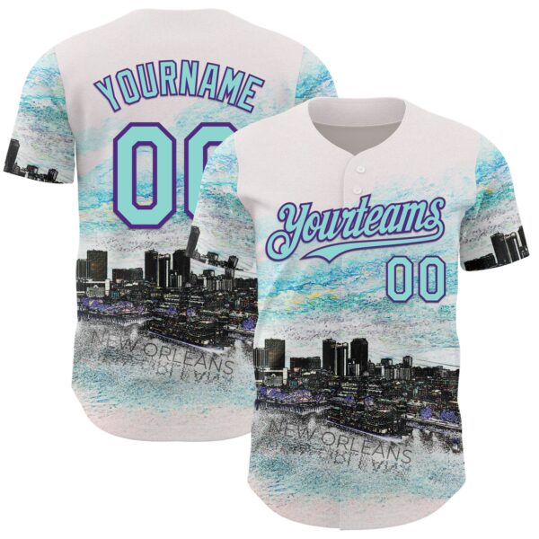 Custom White Ice Blue Black-Purple New Orleans Louisiana Cityscape Skyline City Symbol Authentic Baseball Jersey