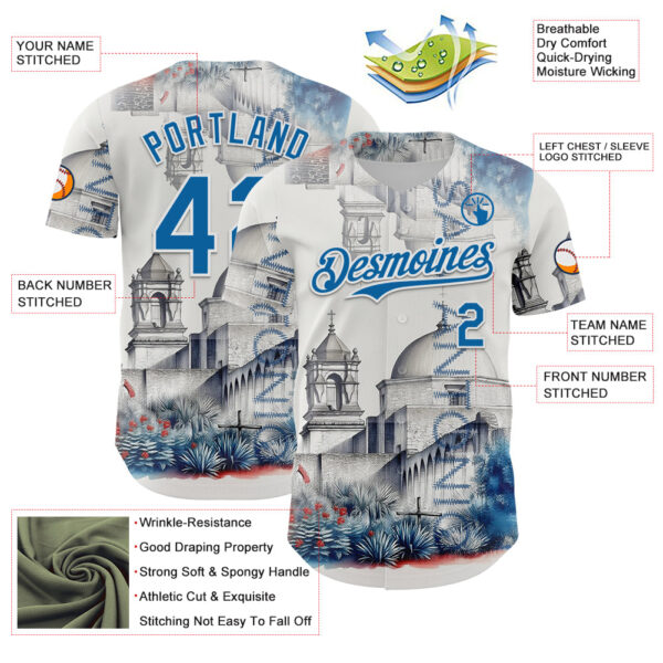 Custom Gray Blue-White San Antonio Texas Mission San Jose Landmark City Symbol Authentic Baseball Jersey