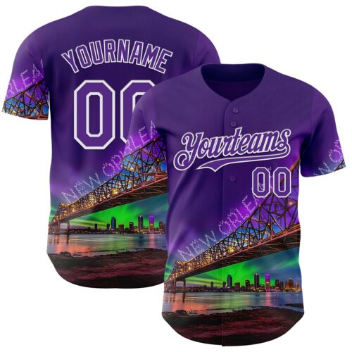 3DPattern12201 Custom Purple White New Orleans Louisiana Cityscape Landmark City Symbol Authentic Baseball Jersey