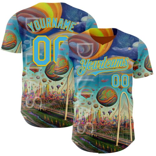 3DPattern12203 Custom Blue Sky Blue-Yellow Dallas Texas Cityscape Skyline City Symbol Authentic Baseball Jersey