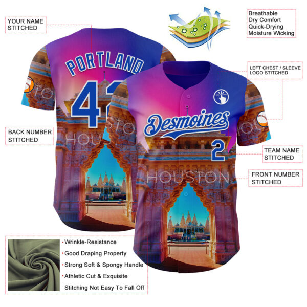Custom Pink Thunder Blue Orange-White Houston Texas Hindu Temple Landmark City Symbol Authentic Baseball Jersey