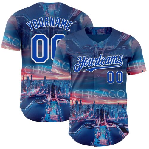 3DPattern12205 Custom Blue Thunder Blue-White Chicago Illinois Cityscape Skyline City Symbol Authentic Baseball Jersey
