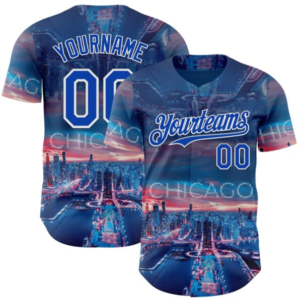 Custom Blue Thunder Blue-White Chicago Illinois Cityscape Skyline City Symbol Authentic Baseball Jersey