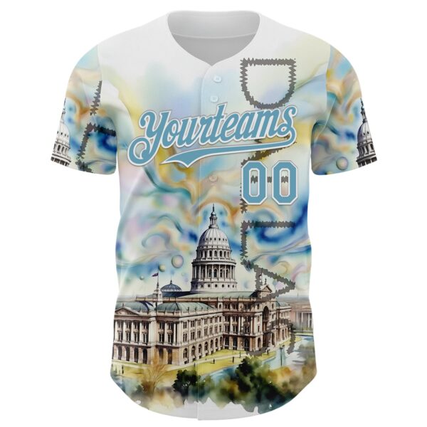 Custom White Shadow Blue Dallas Texas State Capitol Landmark City Symbol Authentic Baseball Jersey