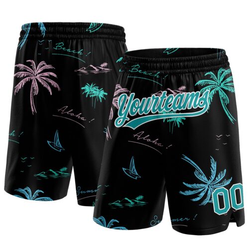 3DPattern1224 Custom Black Teal-White 3D Pattern Hawaii Palm Trees Authentic Basketball Shorts