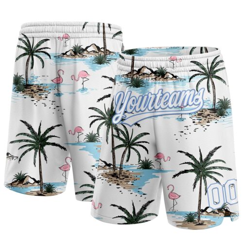 3DPattern1225 Custom White Light Blue 3D Pattern Hawaii Palm Trees Authentic Basketball Shorts