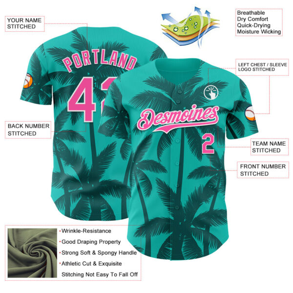 Custom Aqua Pink Teal-White Tropical Hawaii Palm Trees Authentic Baseball Jersey