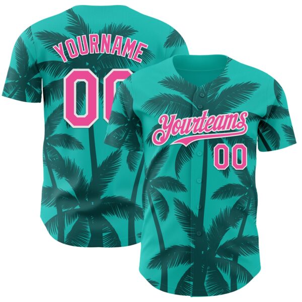 Custom Aqua Pink Teal-White Tropical Hawaii Palm Trees Authentic Baseball Jersey