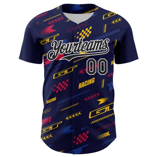 Custom Navy Black White Red-Yellow Car Racing Formula Auto Motorsport Authentic Baseball Jersey