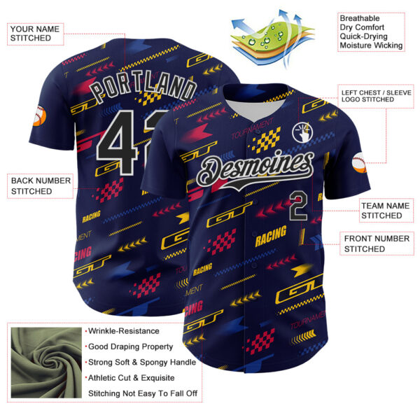 Custom Navy Black White Red-Yellow Car Racing Formula Auto Motorsport Authentic Baseball Jersey