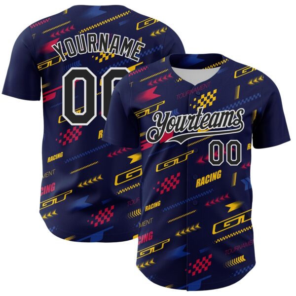 Custom Navy Black White Red-Yellow Car Racing Formula Auto Motorsport Authentic Baseball Jersey