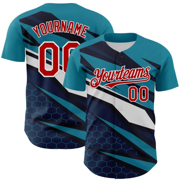 Custom Teal Red White-Navy Car Racing Formula Auto Motorsport Authentic Baseball Jersey