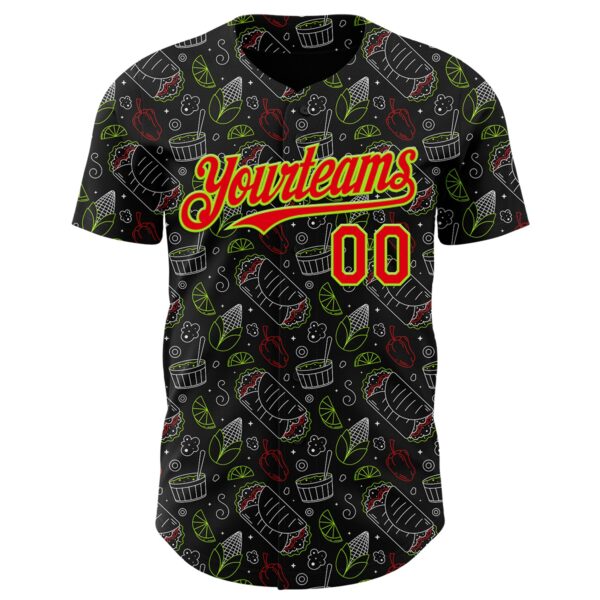 Custom Black Fire Red-Neon Green Foodie Mexican Food Doodles Authentic Baseball Jersey
