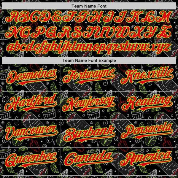 Custom Black Fire Red-Neon Green Foodie Mexican Food Doodles Authentic Baseball Jersey