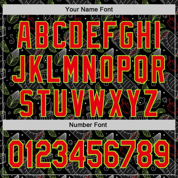 Custom Black Fire Red-Neon Green Foodie Mexican Food Doodles Authentic Baseball Jersey