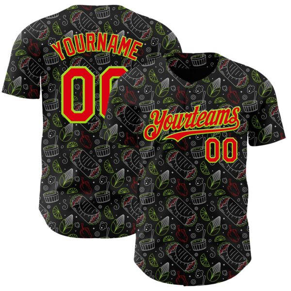 Custom Black Fire Red-Neon Green Foodie Mexican Food Doodles Authentic Baseball Jersey