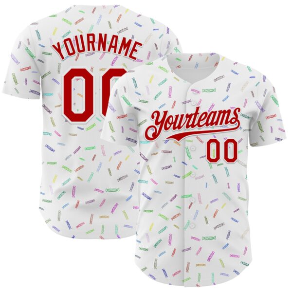Custom White Red Foodie Candy Sweets Authentic Baseball Jersey
