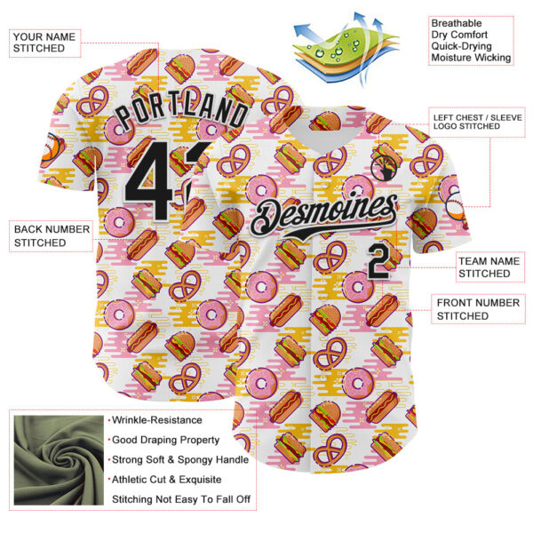 Custom White Black Foodie Fast Food Hot Dog Doughnuts Authentic Baseball Jersey