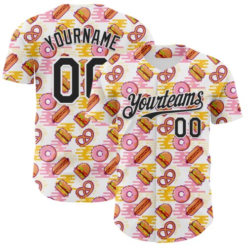 Custom White Black Foodie Fast Food Hot Dog Doughnuts Authentic Baseball Jersey