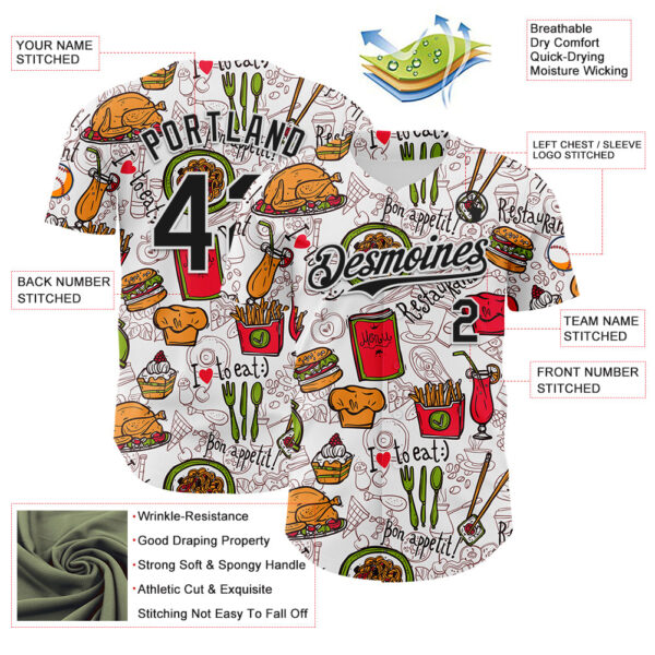 Custom White Black Foodie Fast Food Doodles Authentic Baseball Jersey