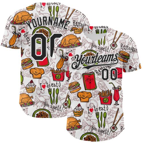 Custom White Black Foodie Fast Food Doodles Authentic Baseball Jersey