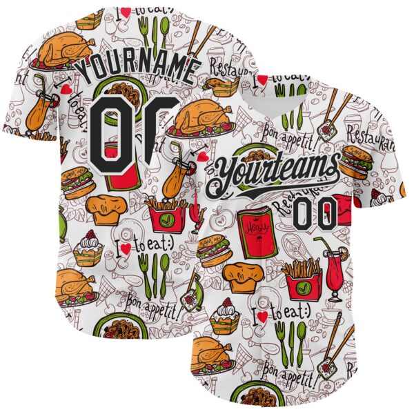 Custom White Black Foodie Fast Food Doodles Authentic Baseball Jersey