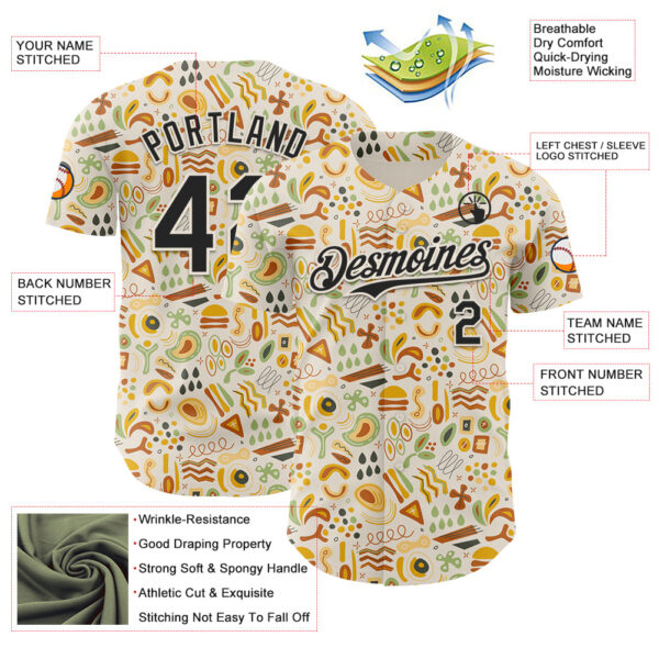 Custom Cream Black Foodie Abstract Doodles Authentic Baseball Jersey