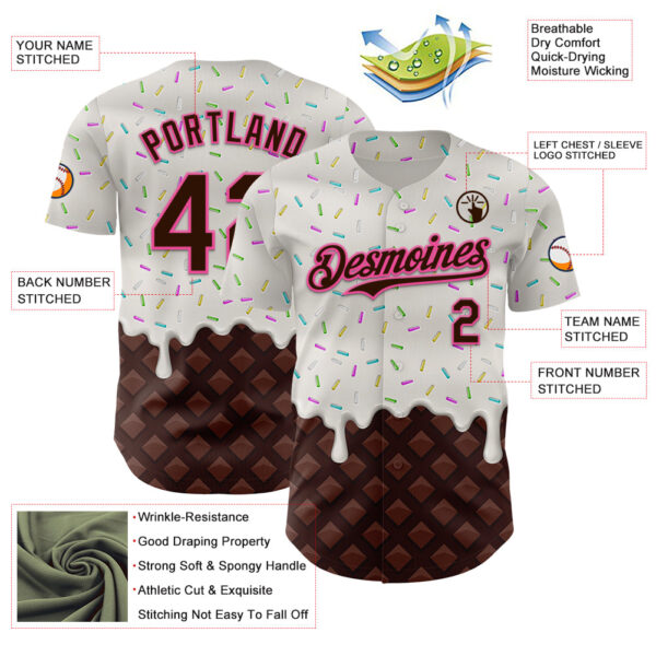 Custom White Brown-Pink Foodie Dripping Ice Cream Authentic Baseball Jersey