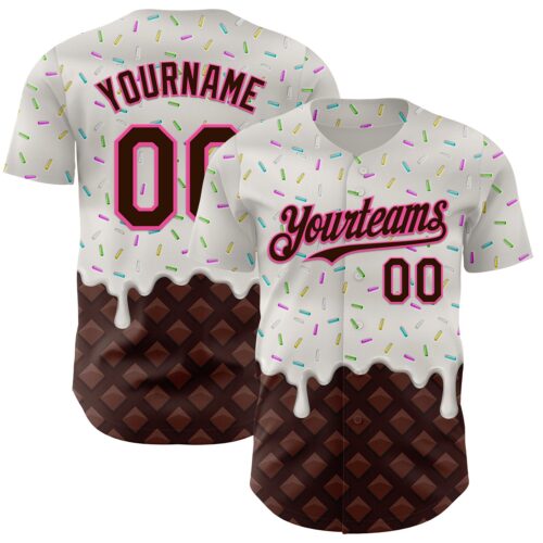 Custom White Brown-Pink Foodie Dripping Ice Cream Authentic Baseball Jersey