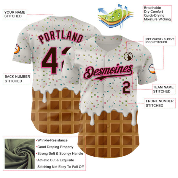 Custom White Brown-Pink Foodie Dripping Ice Cream Authentic Baseball Jersey