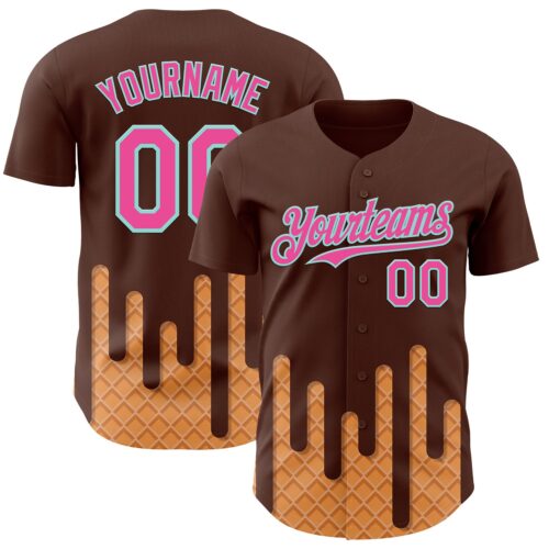 Custom Brown Pink-Ice Blue Foodie Dripping Ice Cream Authentic Baseball Jersey
