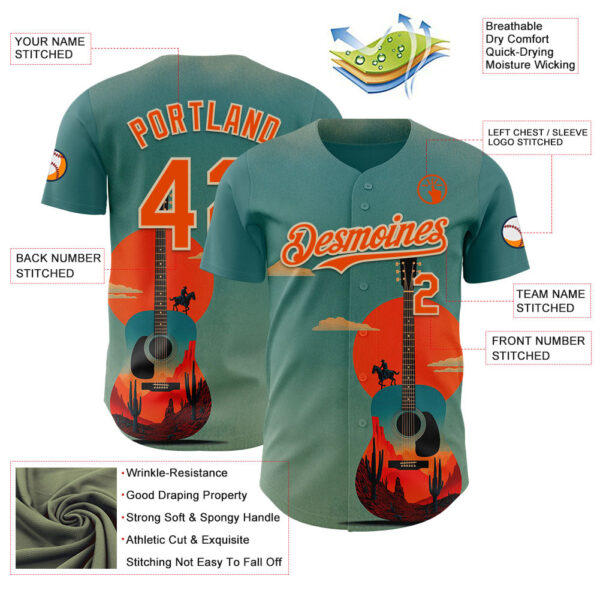 Custom Green Orange-City Cream Texas Sunset Southwest Landscape Guitar City Edition Authentic Baseball Jersey