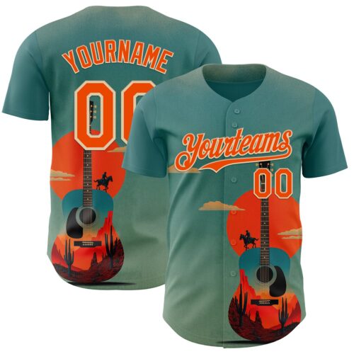 Custom Green Orange-City Cream Texas Sunset Southwest Landscape Guitar City Edition Authentic Baseball Jersey