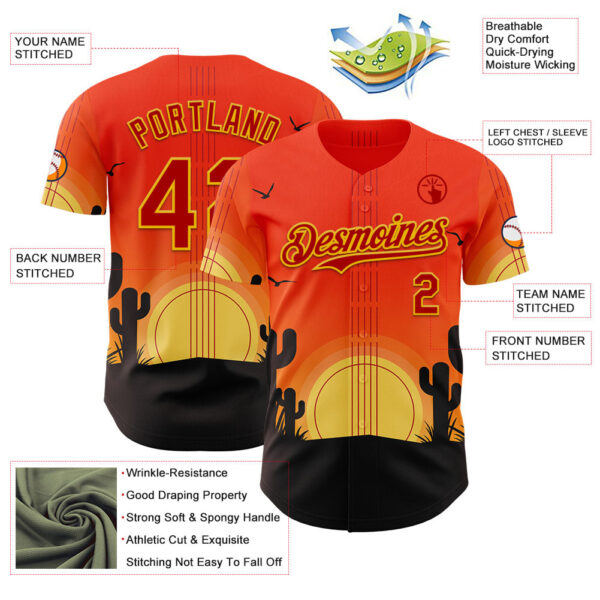 Custom Orange Red Yellow-Black Texas Sunset Southwest Landscape Guitar City Edition Authentic Baseball Jersey
